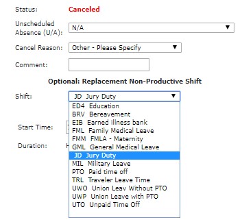 Cancel Assignment Screen Displaying Non-Productive Shift Codes